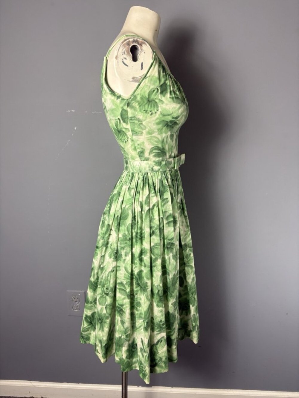 Vintage 1950s Womens XXS/00 Green Floral Belted Fit n Flare Dress Kay Juniors - Picture 10 of 14